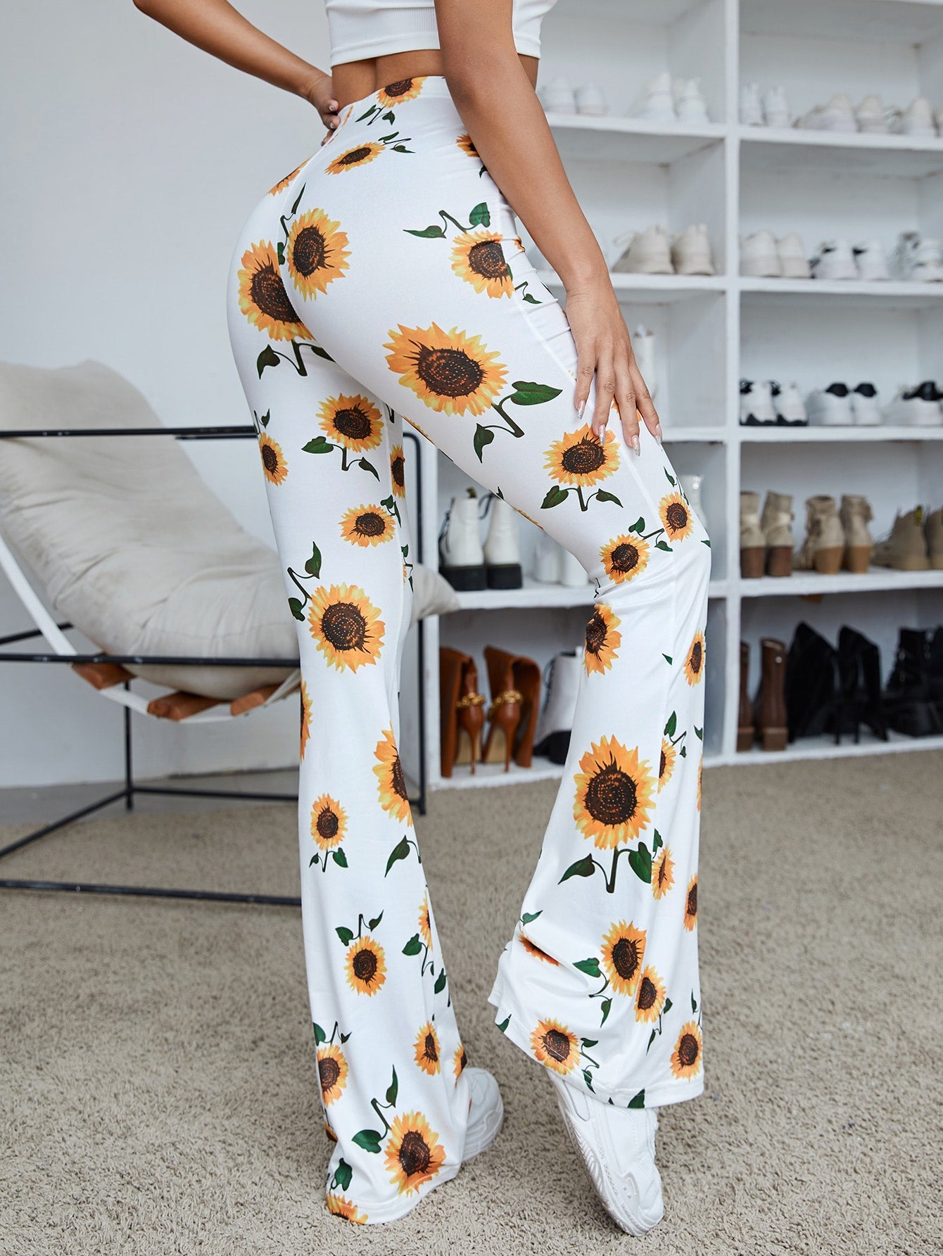 Sunflower Print Flare Leg Pants
