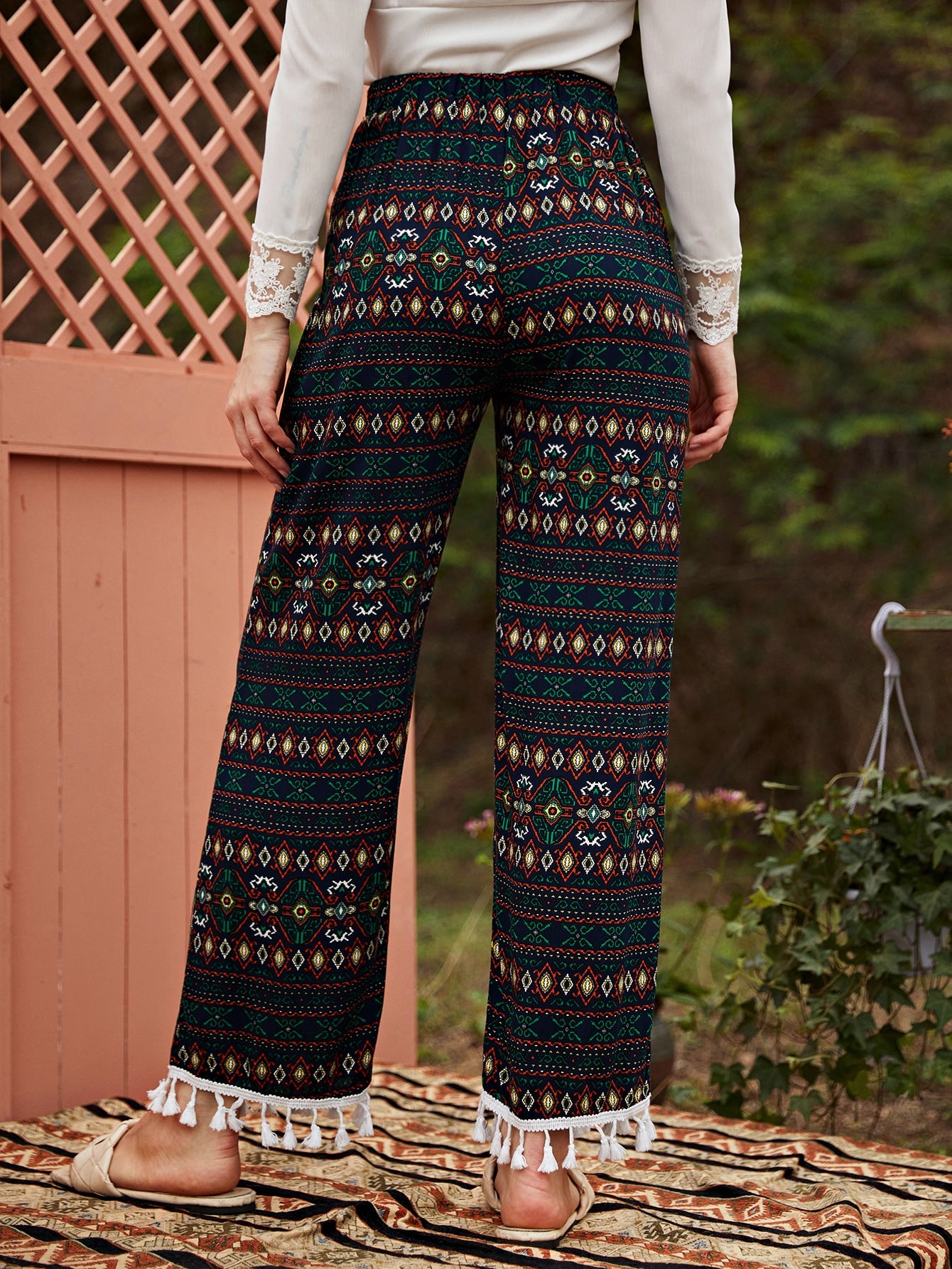 Geo Print Tassel Trim Pants