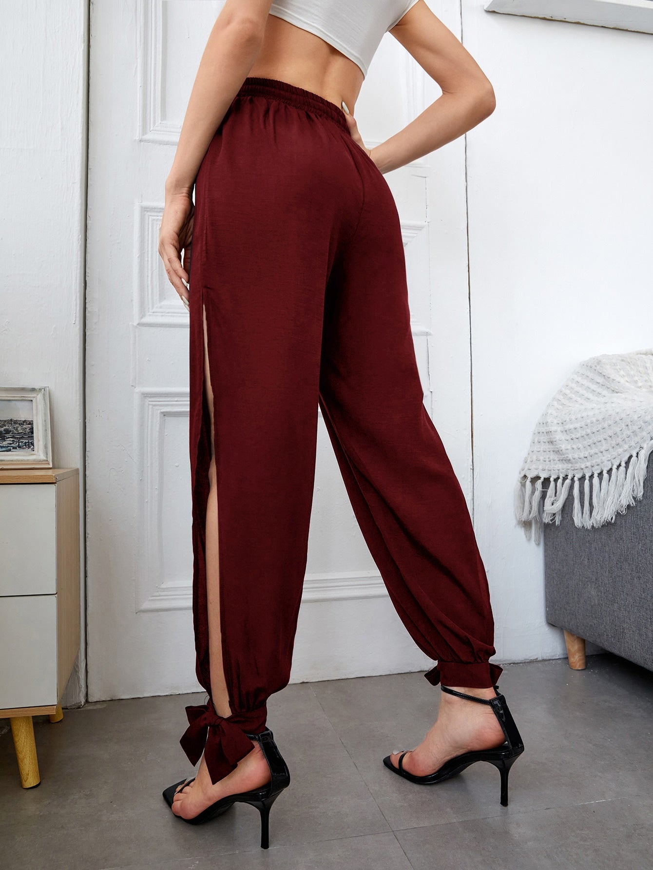 Knot Hem Split Solid Pants