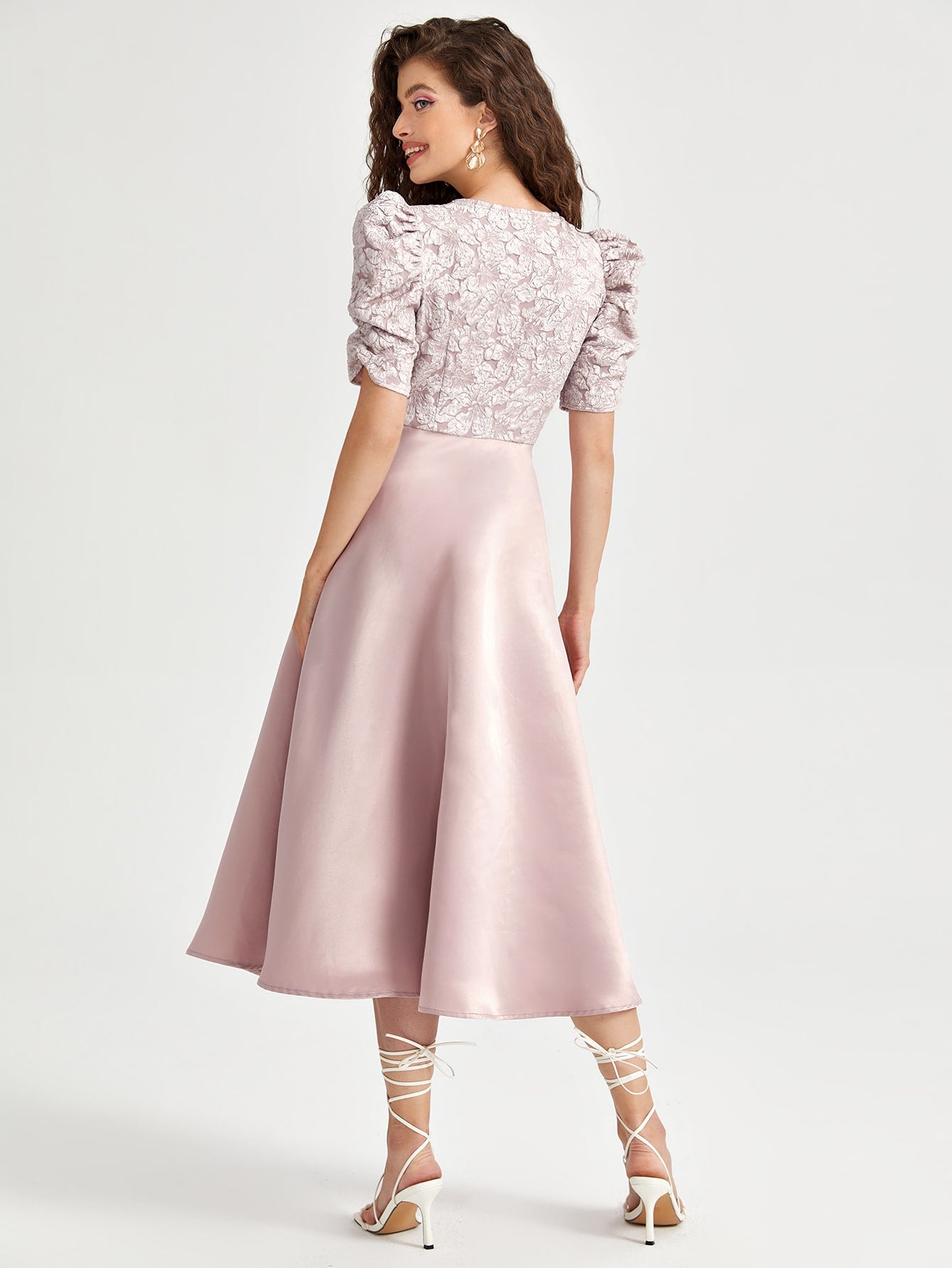 V-neck Ruched Puff Sleeve Crinkle Bodice Dress