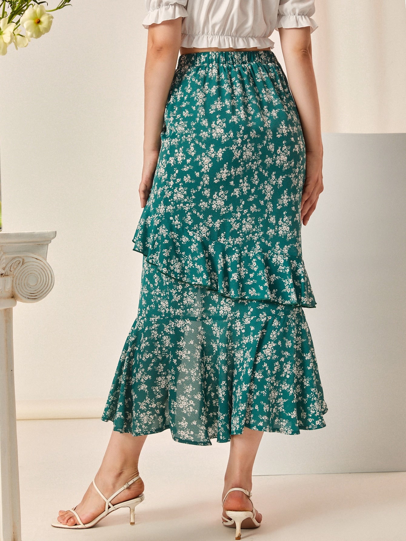Ditsy Floral High Low Ruffle Hem Skirt