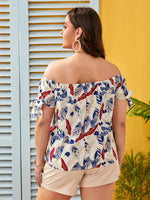 Plus Tropical Print Knotted Bardot Blouse