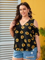 Plus Sunflower Print Cold Shoulder Blouse
