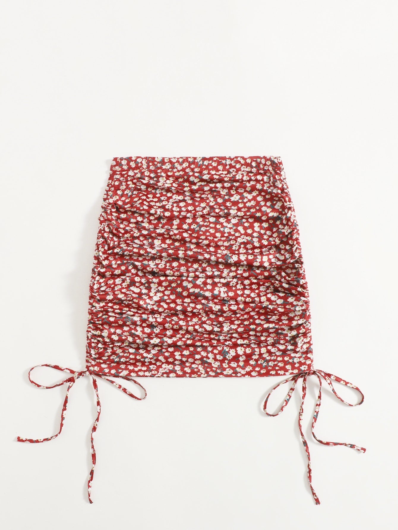 Ruched Drawstring Side Ditsy Floral Skirt