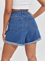 Plus High Waist Graphic Print Roll Hem Denim Shorts