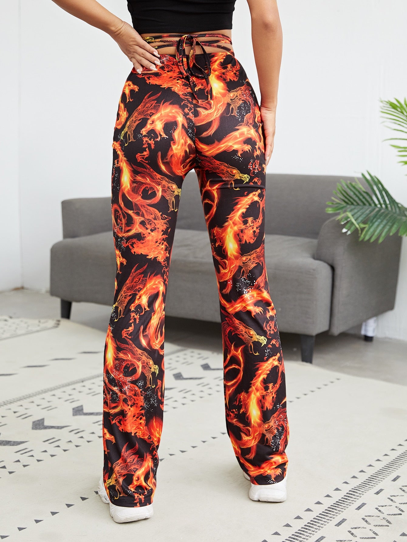 Lace Up Fire Dragon Print Pants