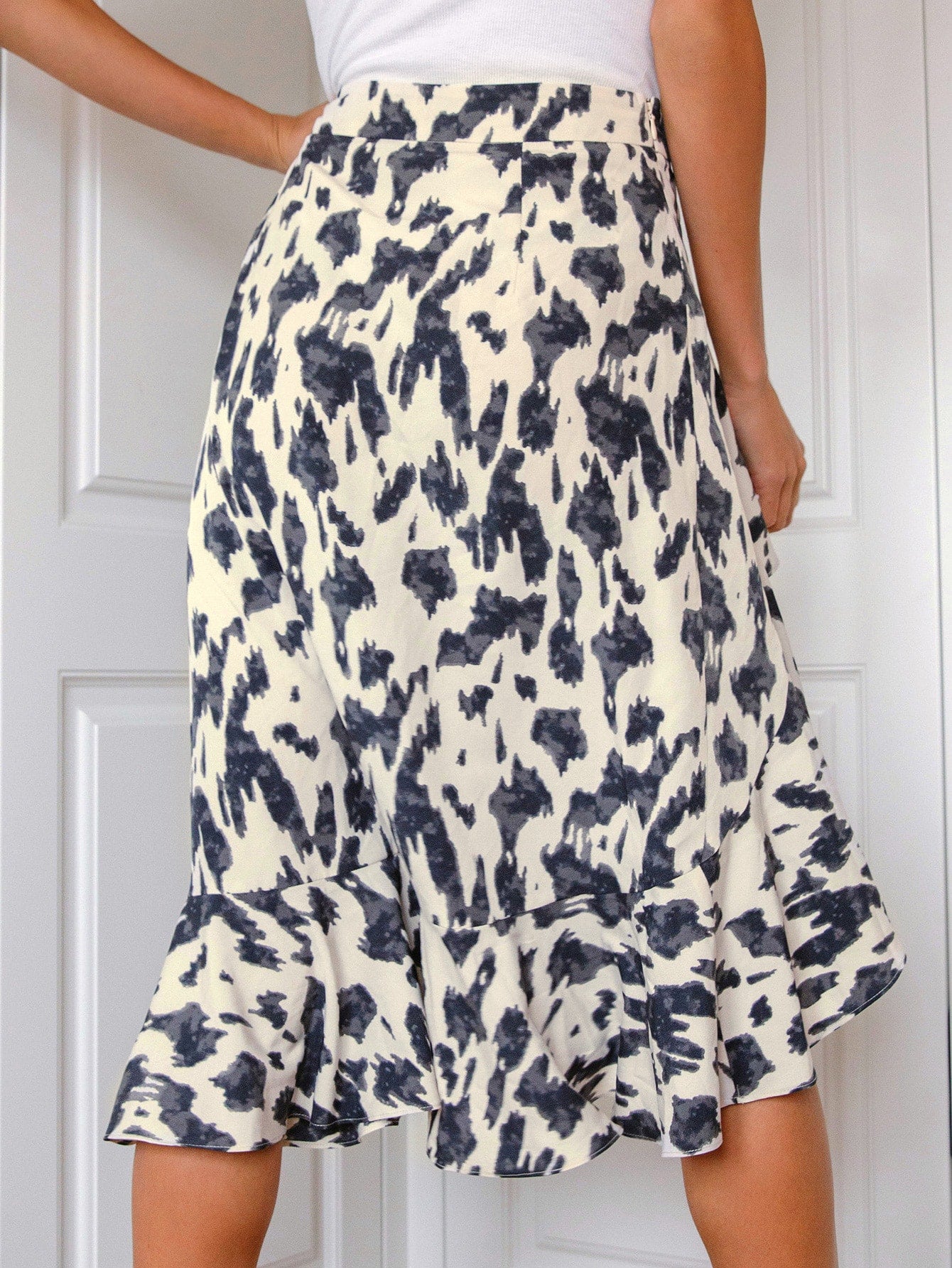 Draped Front Asymmetrical Ruffle Trim Allover Print Skirt