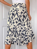 Draped Front Asymmetrical Ruffle Trim Allover Print Skirt