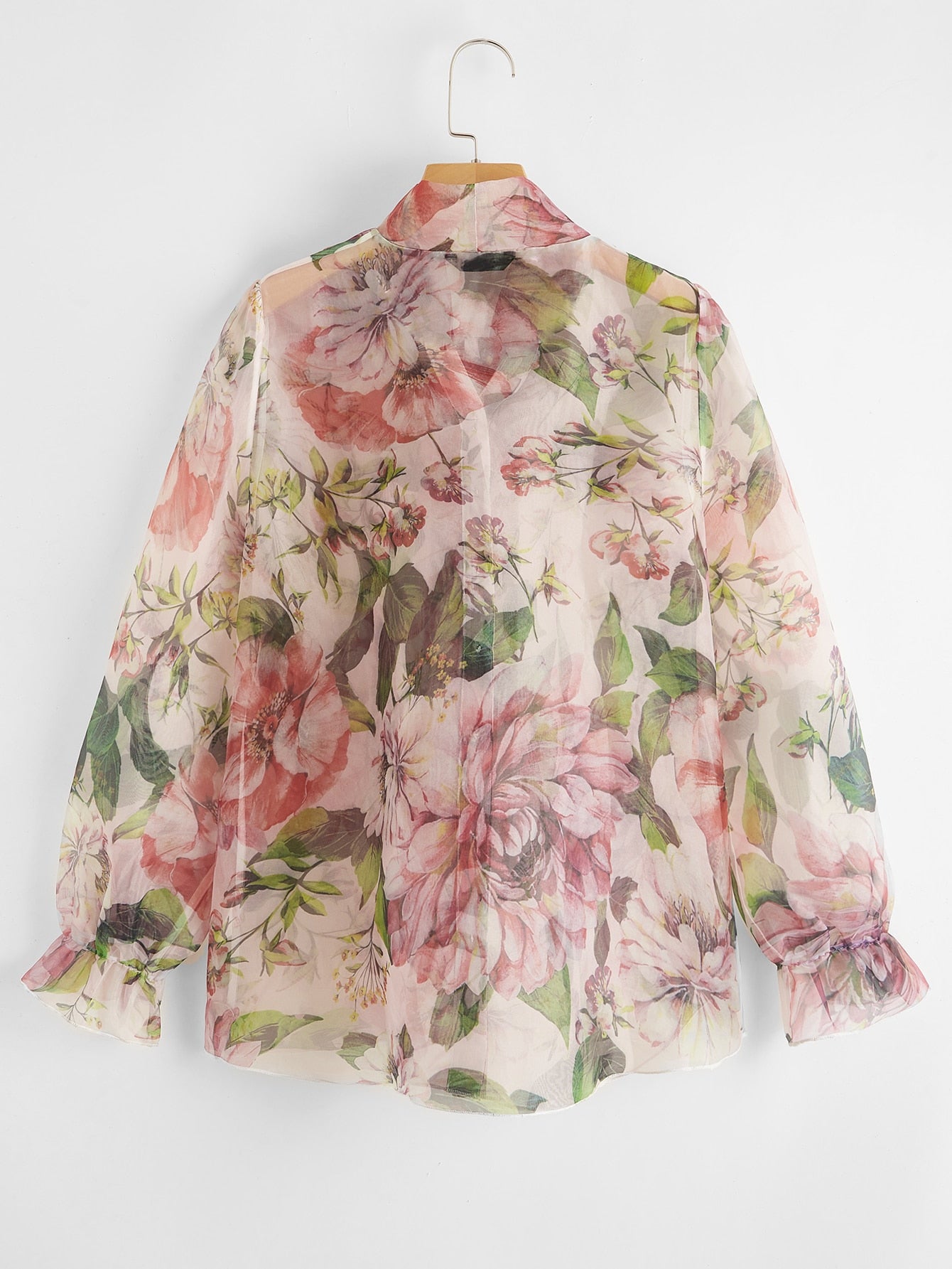 Plus Allover Floral Print Tie Neck Flounce Sleeve Sheer Blouse
