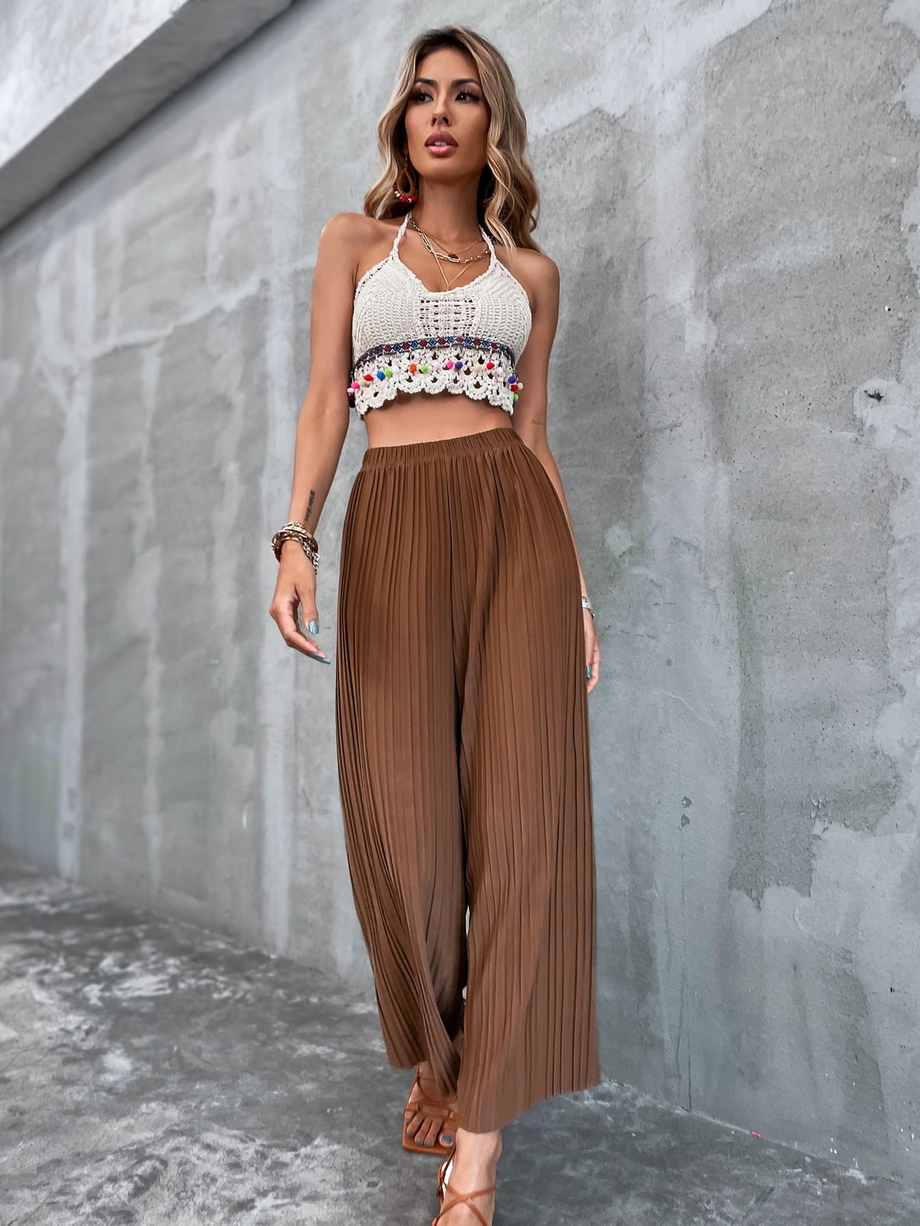 Solid Pleated Wide Leg Pants