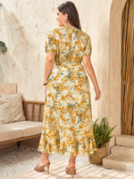 Plus Surplice Neck Knot Ruffle Hem Floral Dress