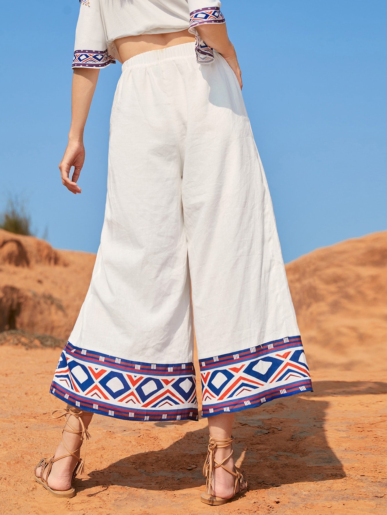 Surplice Front Geo Print Hem Wide Leg Pants