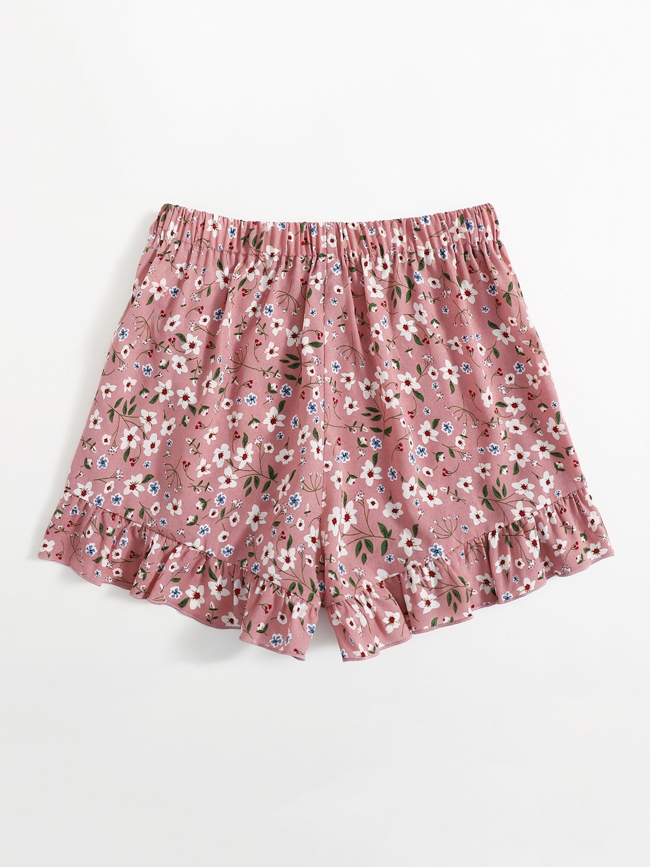 Knot Side Ruffle Trim Ditsy Floral Shorts