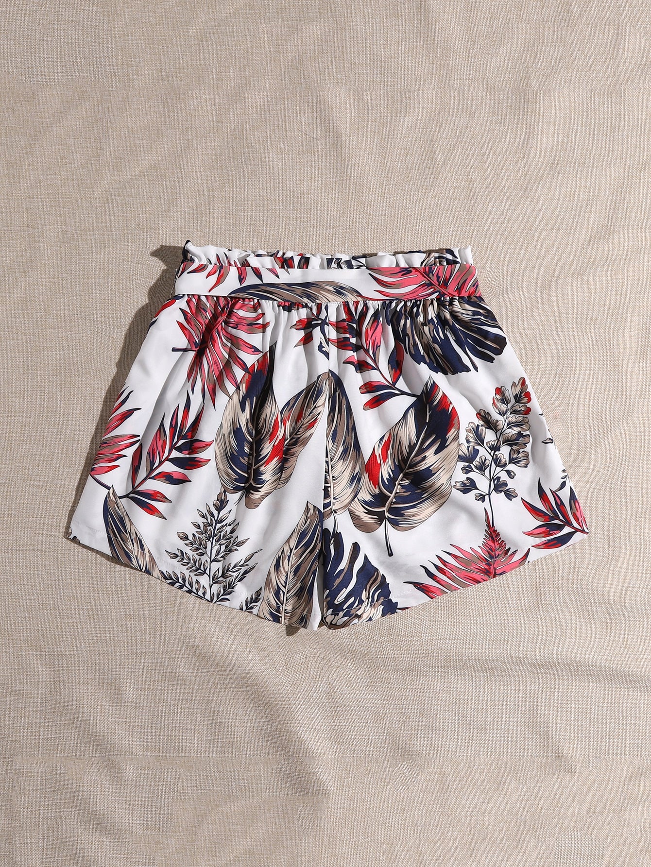 Tropical Print Paperbag Waist Belted Shorts