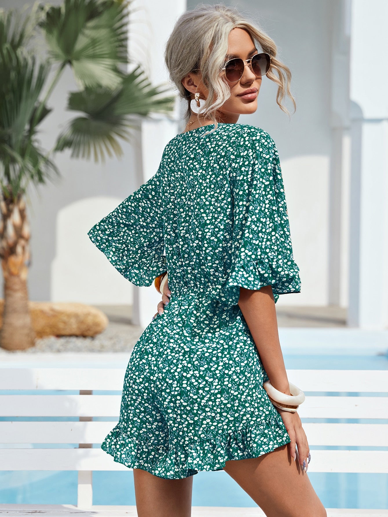 Ditsy Floral Knot Front Flounce Sleeve Romper