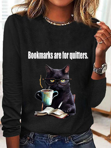 Casual Long Sleeve Crew Neck Cat Loose Regular T-Shirt