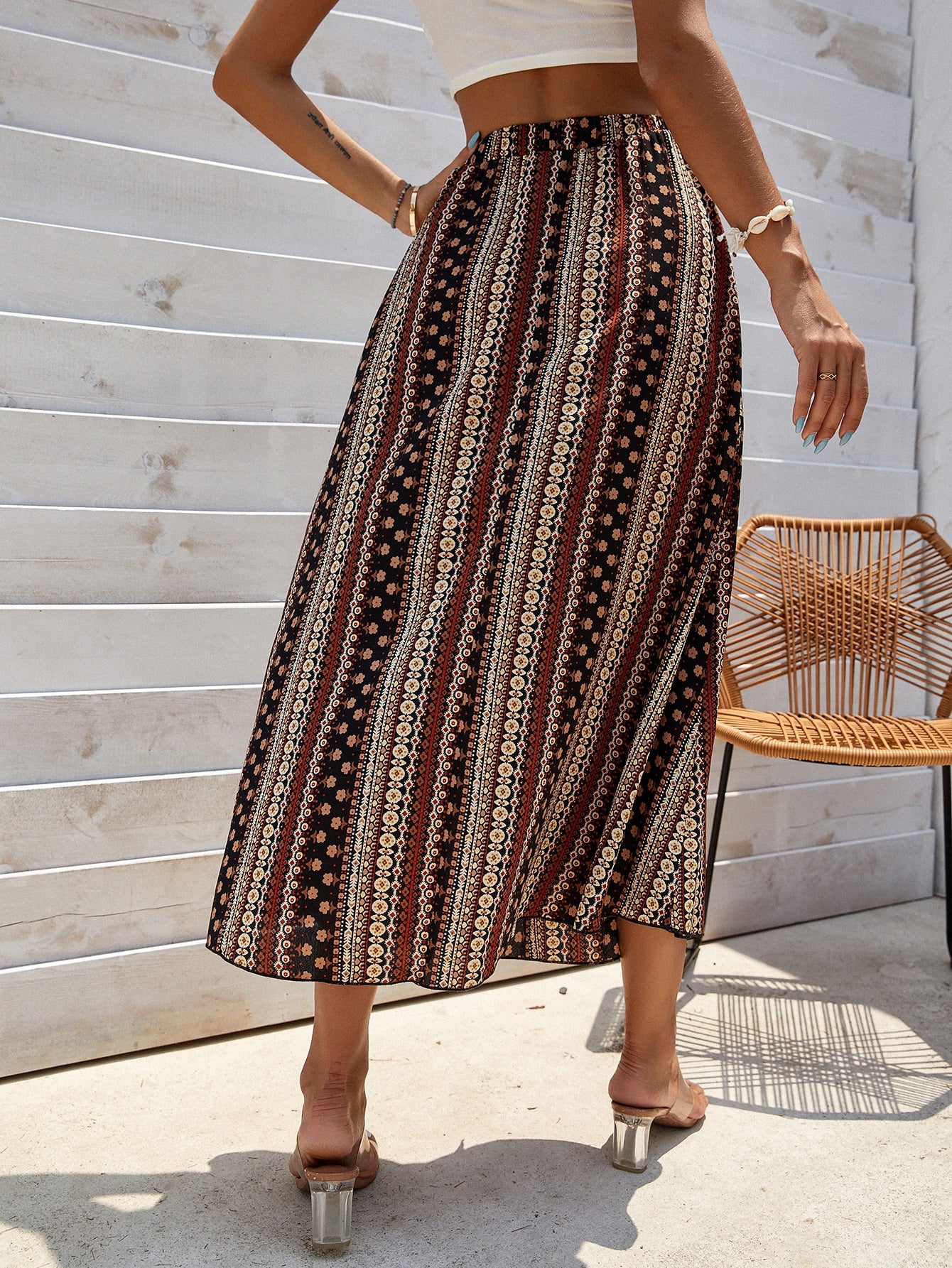 Ditsy Floral & Striped Split Skirt