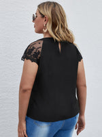 Plus Contrast Lace Sleeve Keyhole Neck Blouse