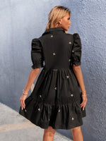 Half Button Puff Sleeve Floral Embroidery Dress