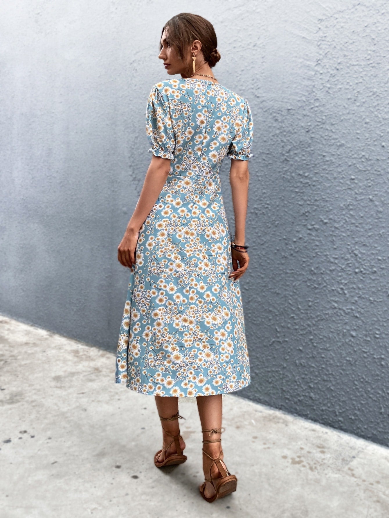Allover Floral Print Ruched Puff Sleeve A-line Dress