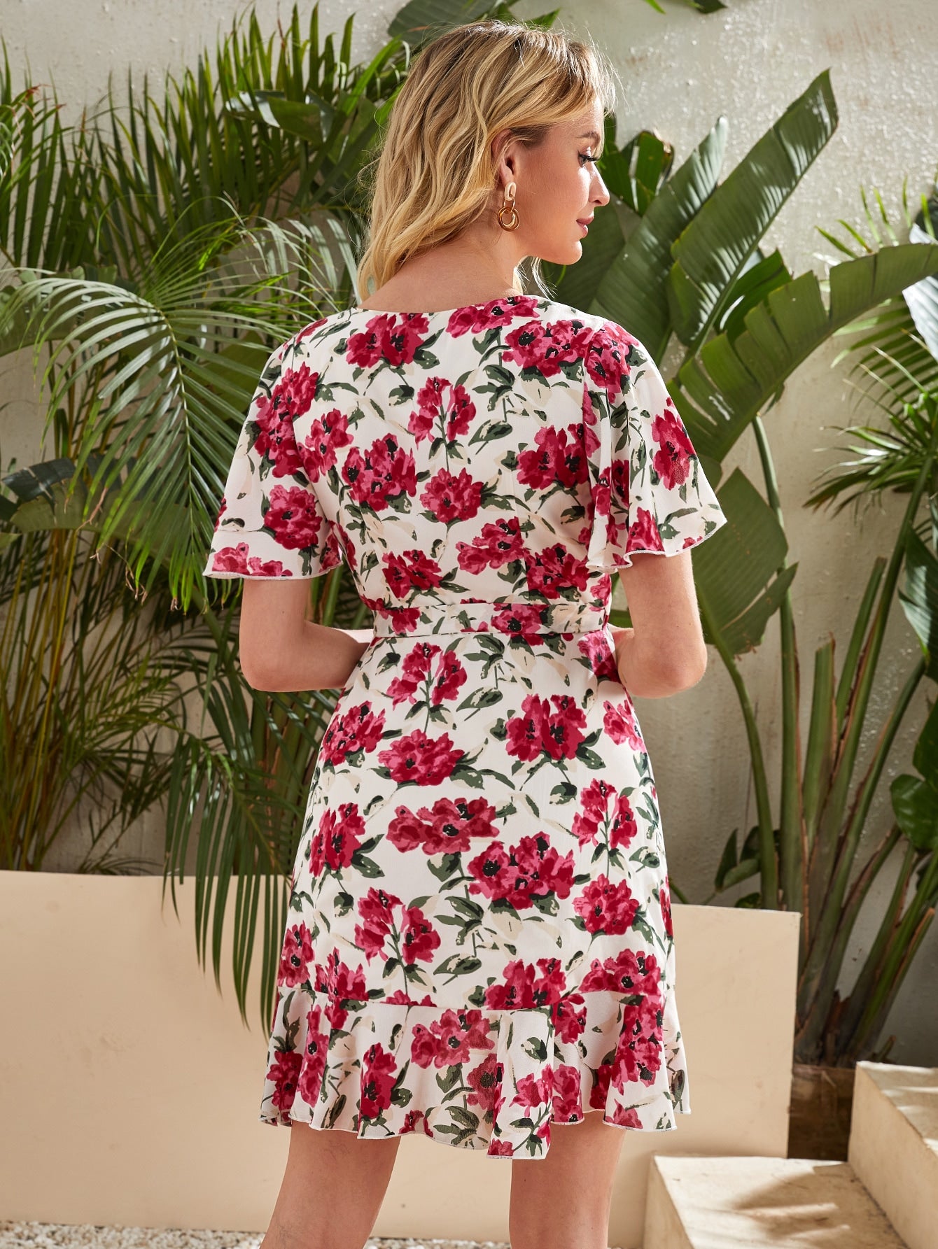 Allover Floral Print Butterfly Sleeve Wrap Belted Dress