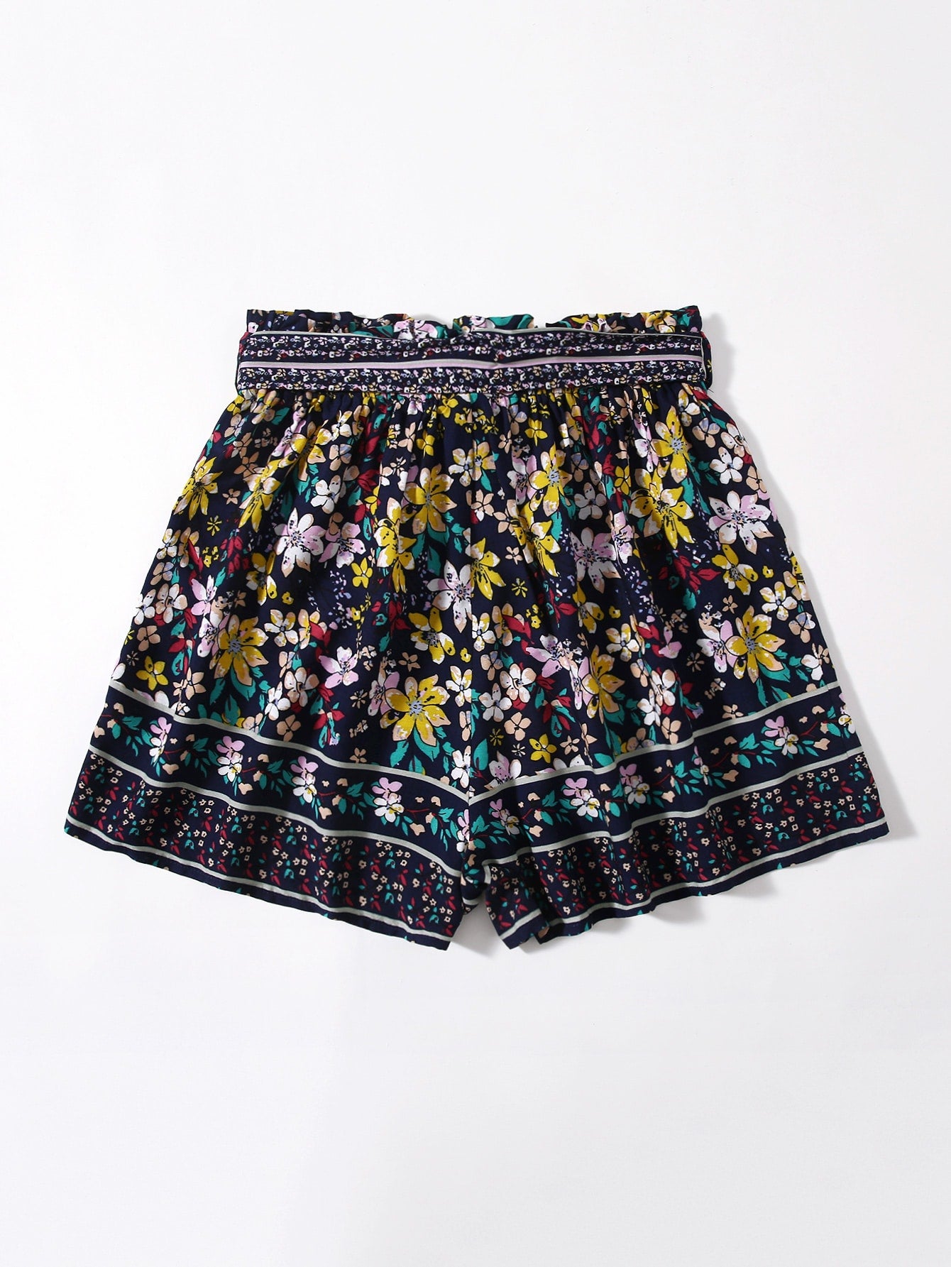 Floral Paper Bag Waist Belted Shorts