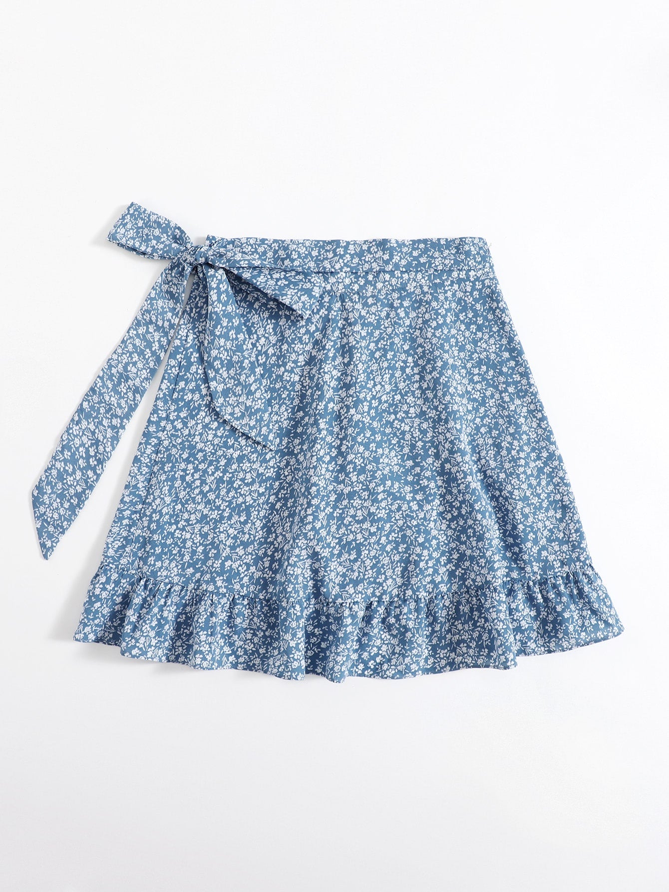 Ruffle Trim Knot Side Ditsy Floral Wrap Skirt
