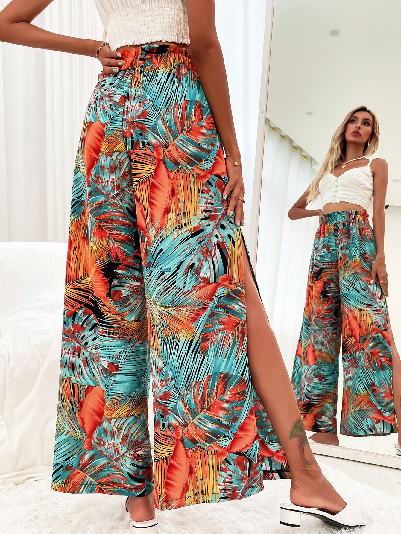 Plants Print Split Thigh Pants