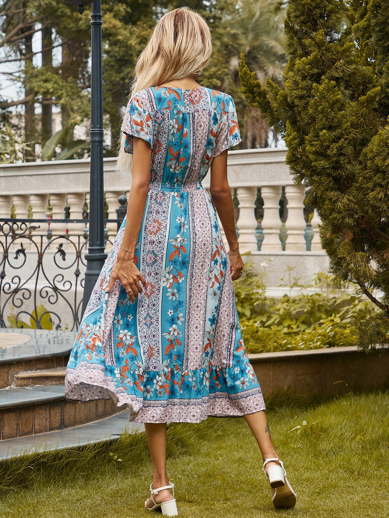Floral Print V-neck Petal Sleeve A-line Dress