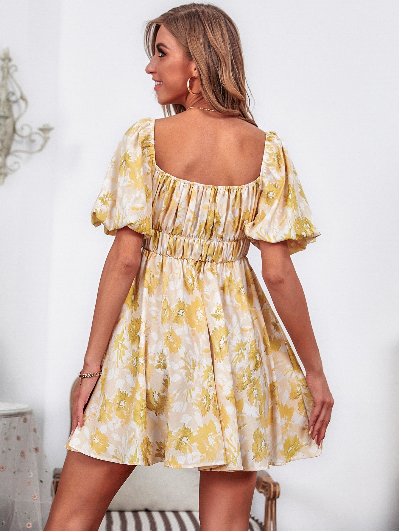 Floral Print Bishop Sleeve Tie Front Dress