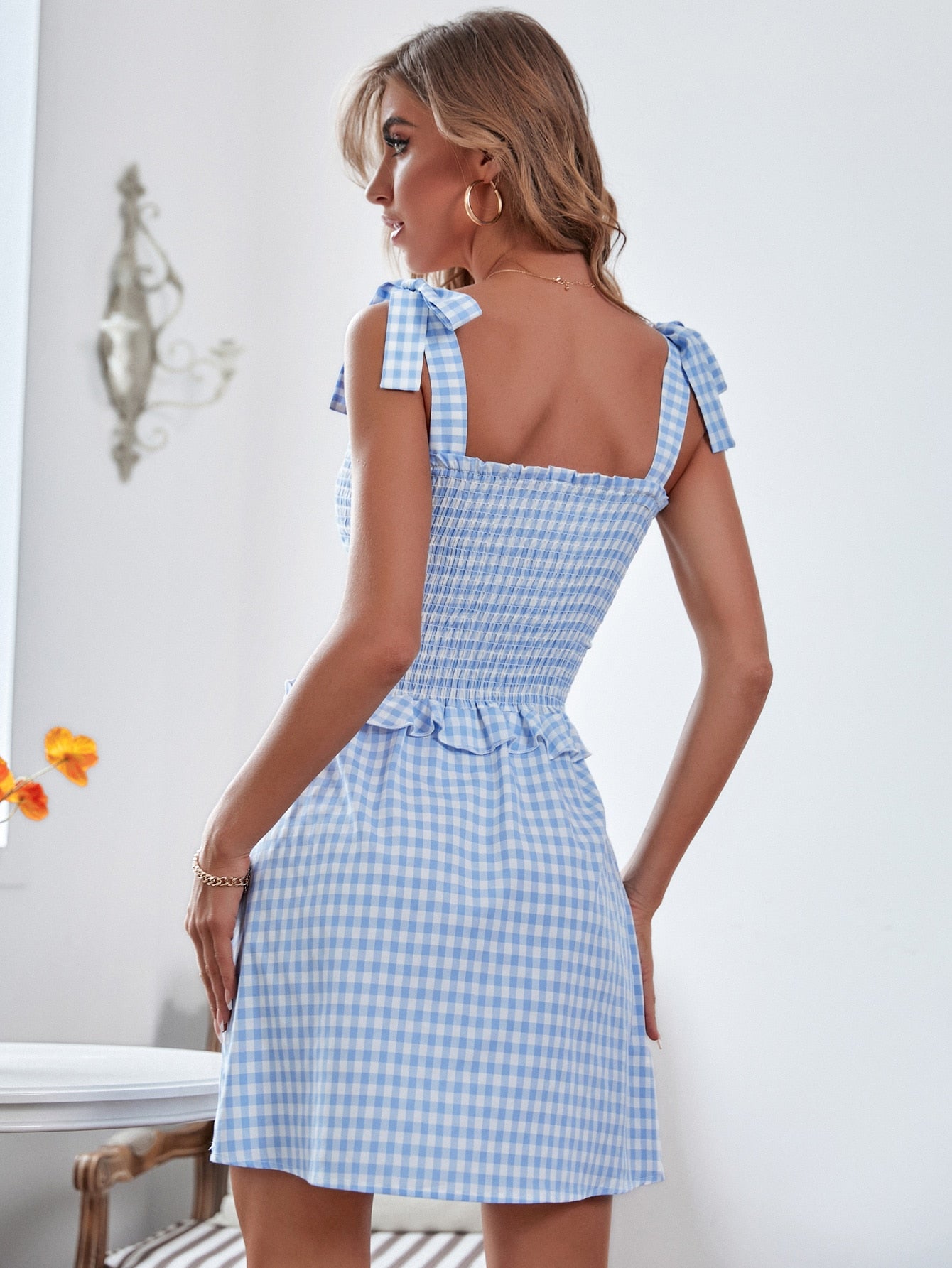 Gingham Shirred Knot Shoulder Cami Dress