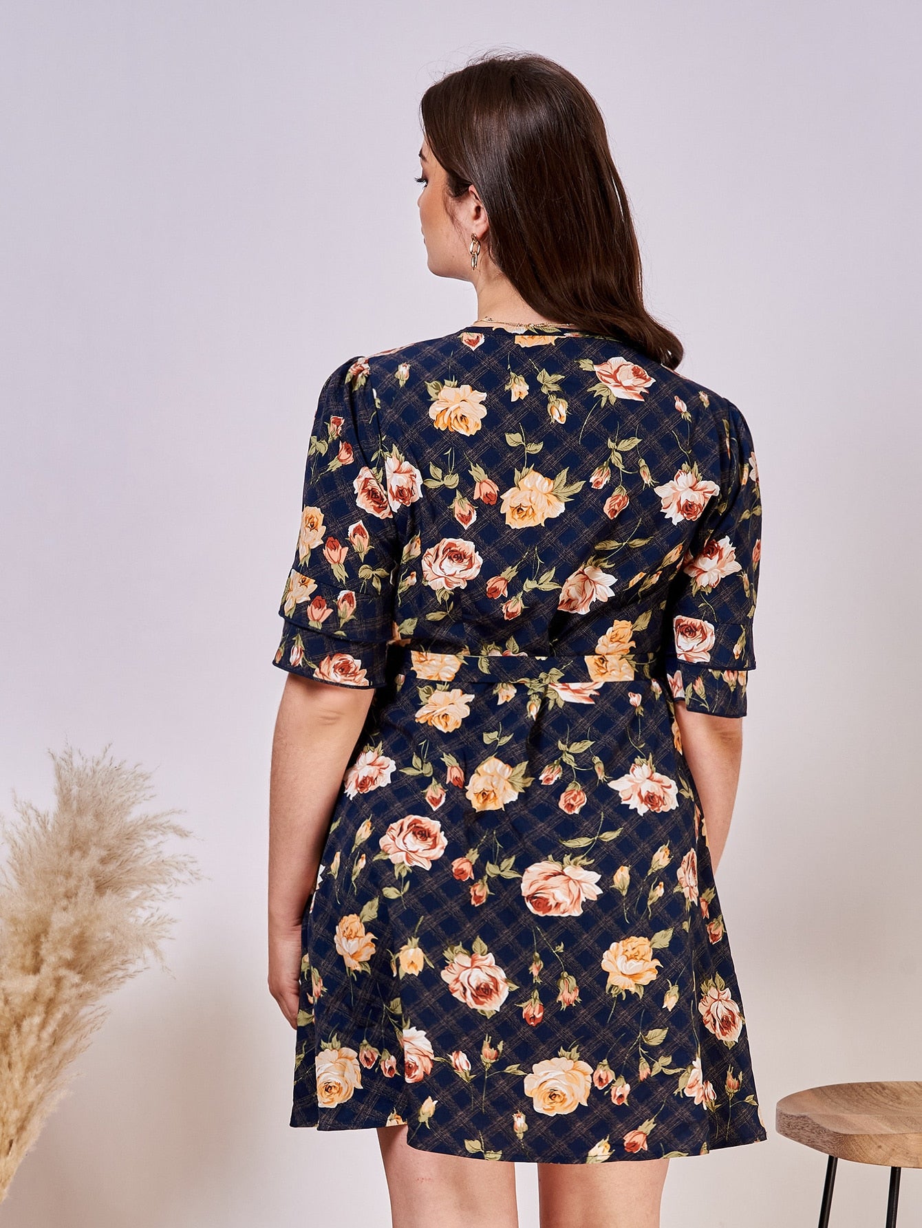 Plus Floral And Plaid Print Knot Side Wrap Dress