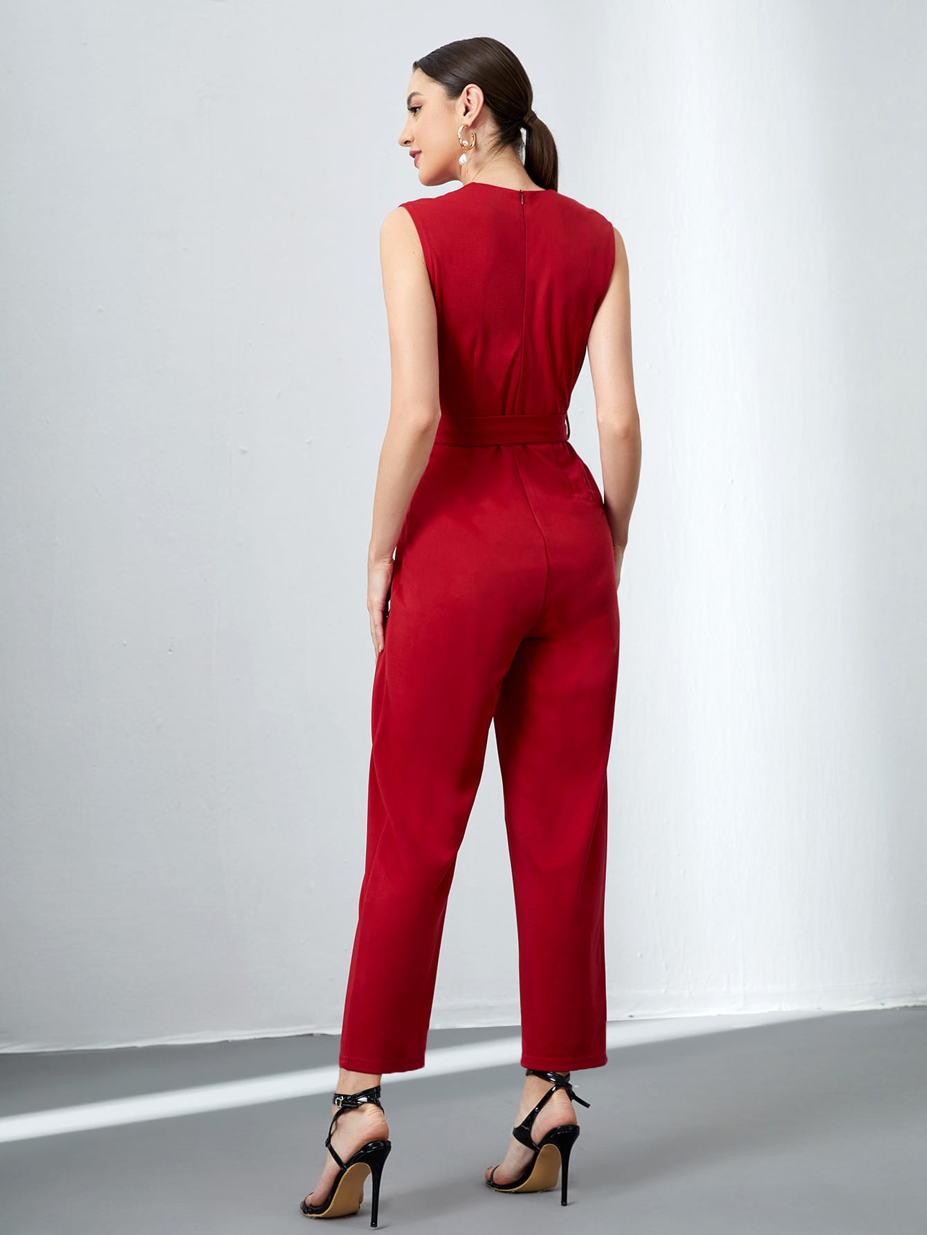 Solid Surplice Front Self Tie Jumpsuit