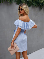 Off The Shoulder Striped Flounce Trim Belted Dress