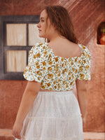 100% COTTON Plus Shirred Back Puff Sleeve Floral Crop Top