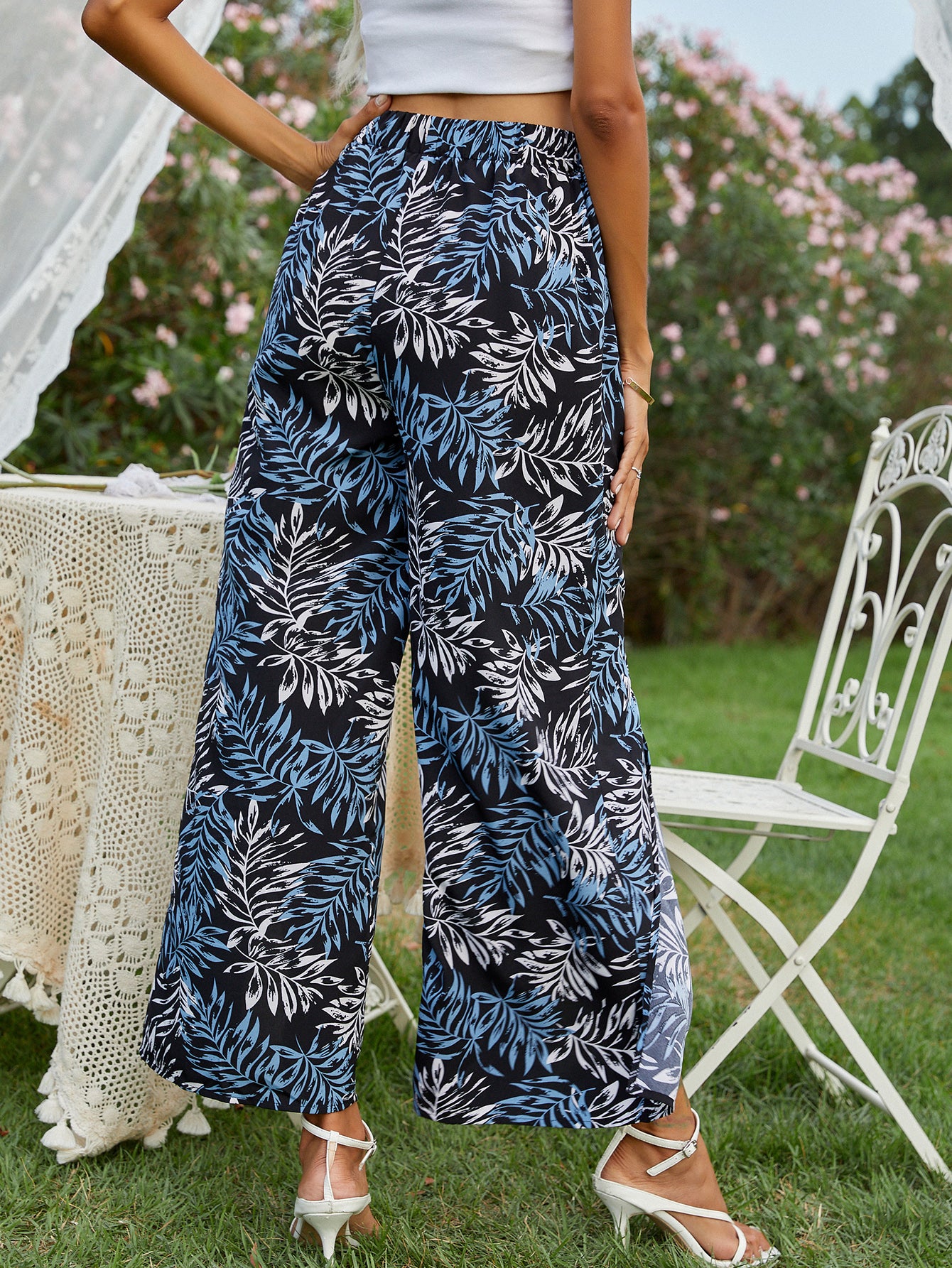 Allover Leaves Print Split Wide Leg Pants