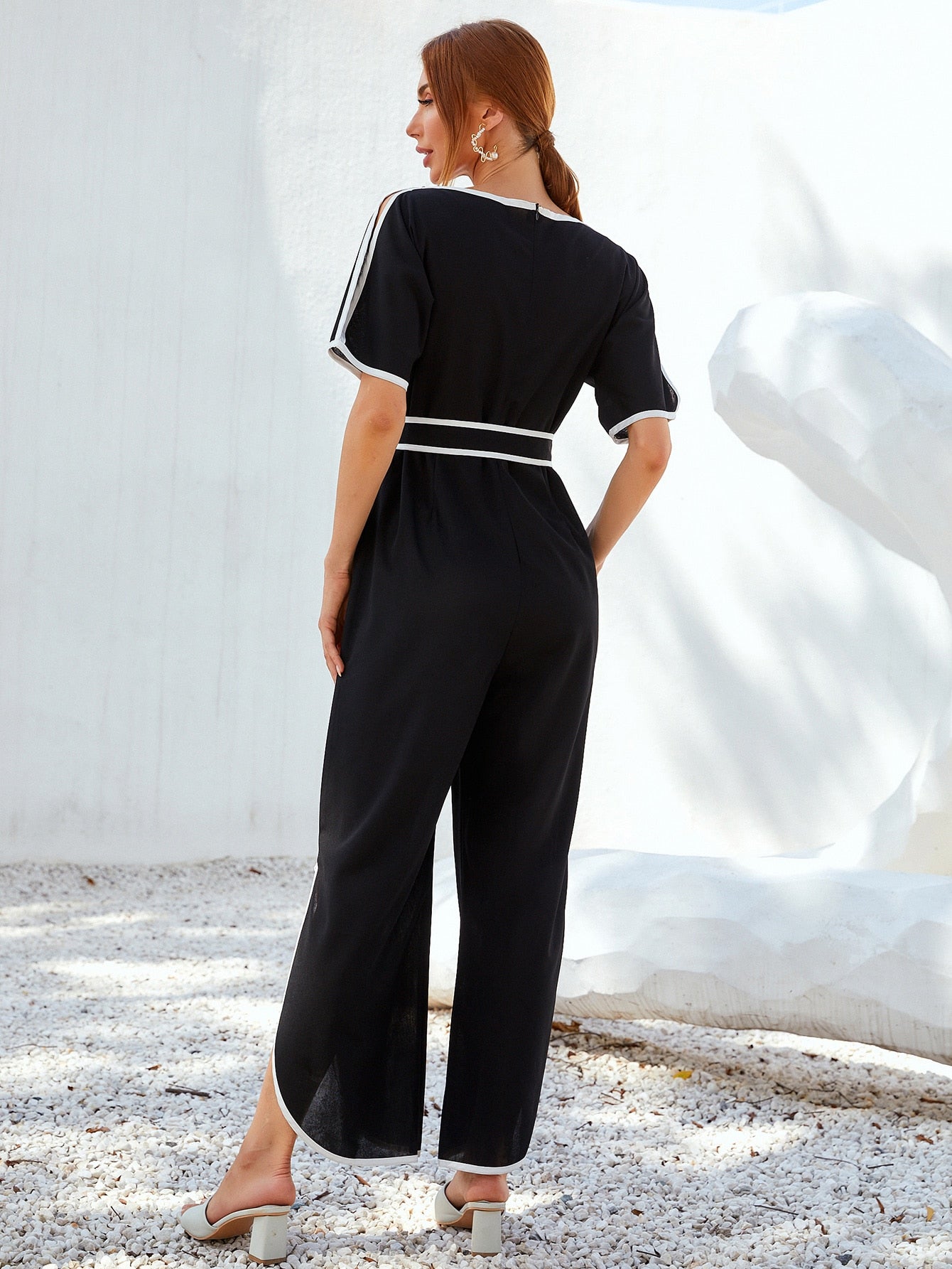 Contrast Binding Belted Split Hem Jumpsuit