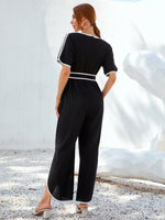 Contrast Binding Belted Split Hem Jumpsuit