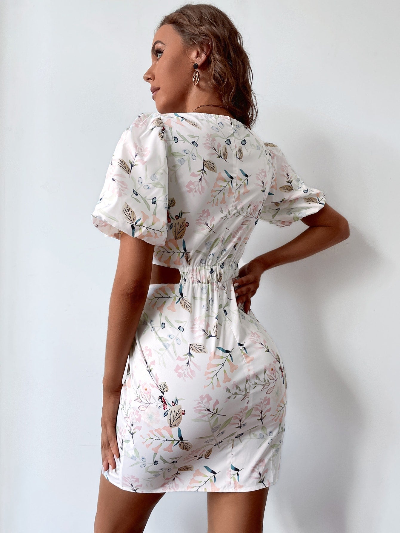 Floral Print Cut Out Puff Sleeve A-line Dress