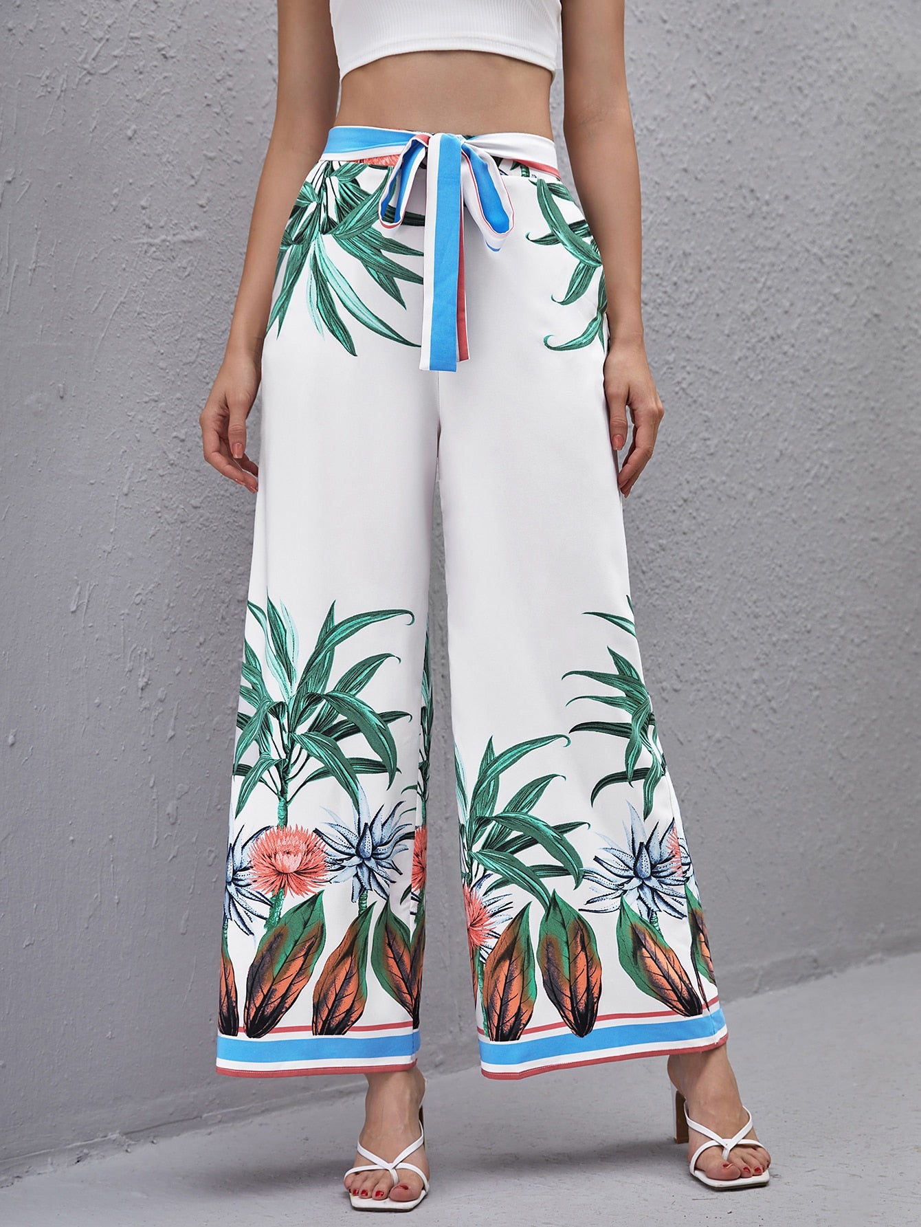 Tropical Print Belted Palazzo Pants