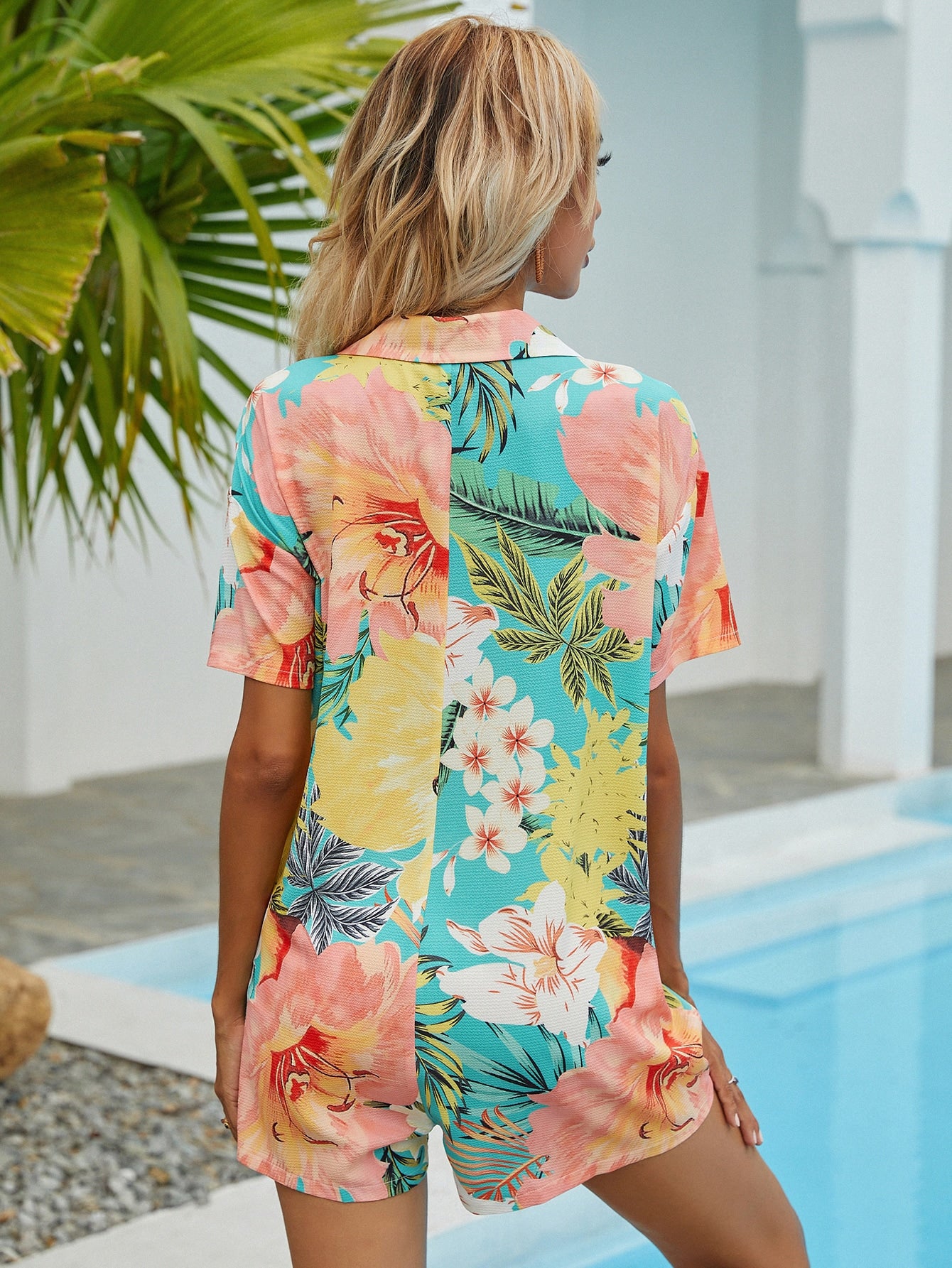 Floral Print Button Front Shirt Romper