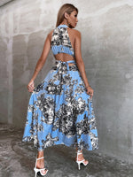 Cut Out Back Floral & Figure Print Halter Dress