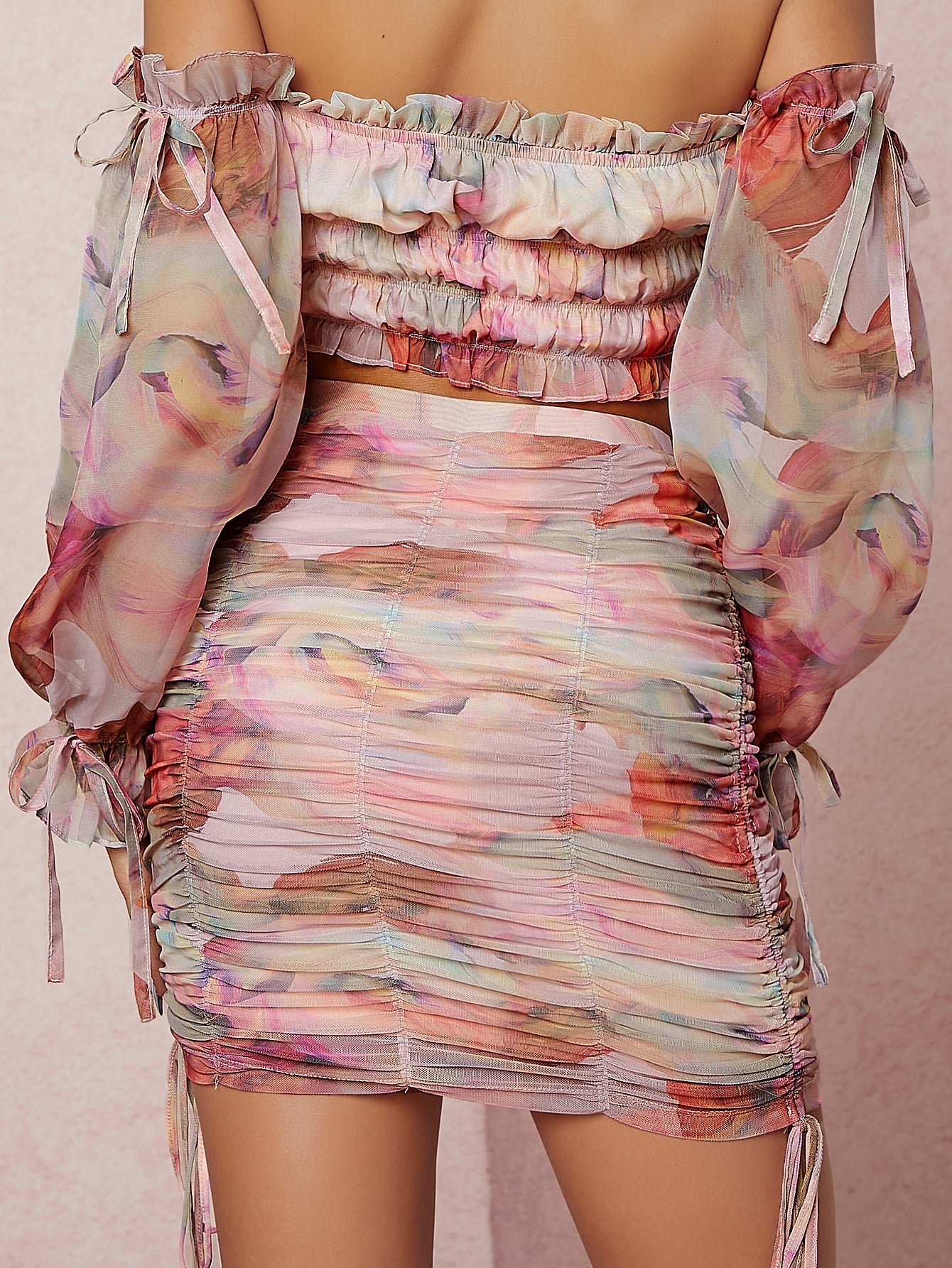 Drawstring Ruched Mesh Skirt