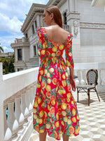 Orange Print Puff Sleeve A-line Dress