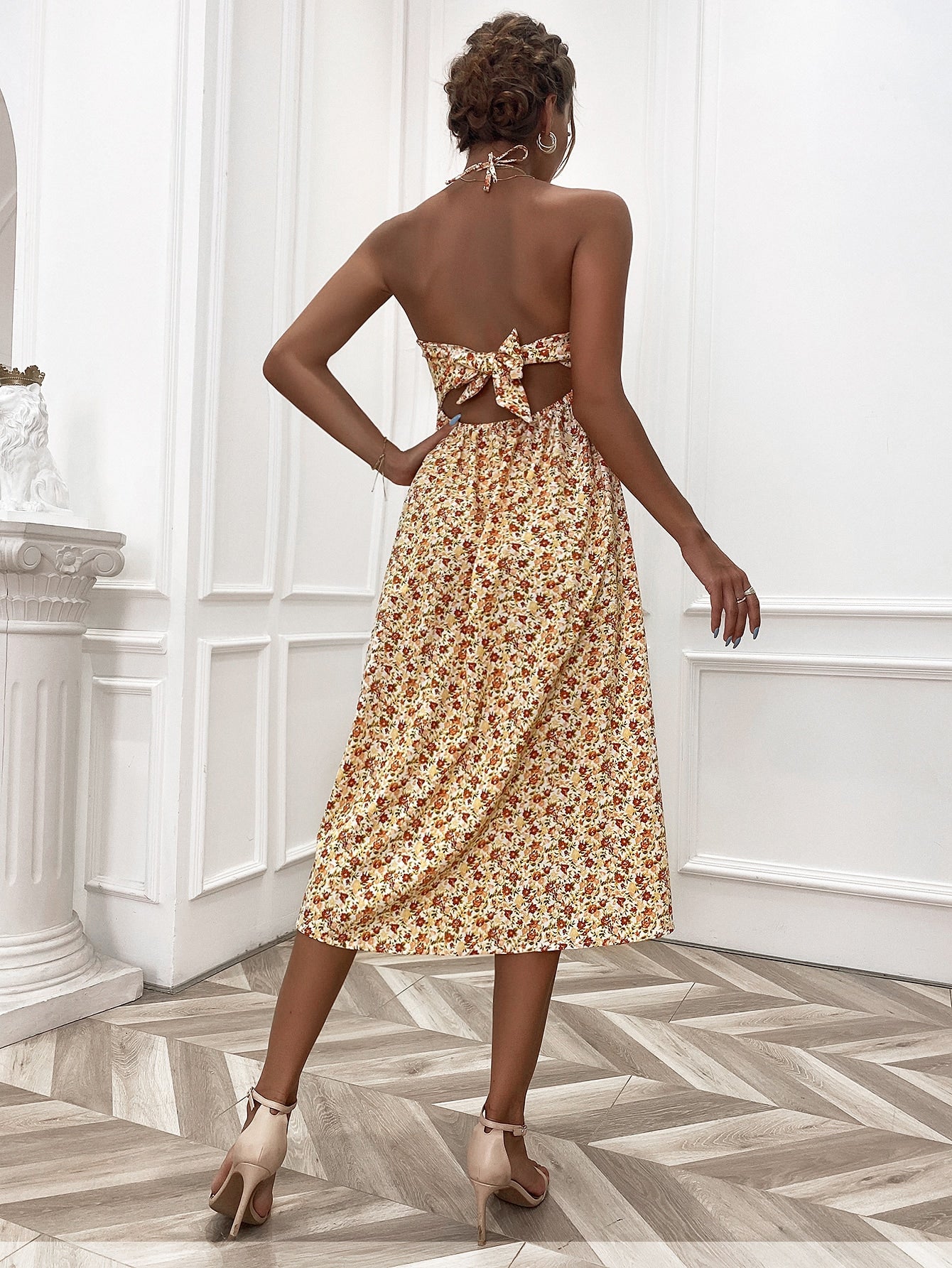 Ditsy Floral Print Tie Back Halter Dress