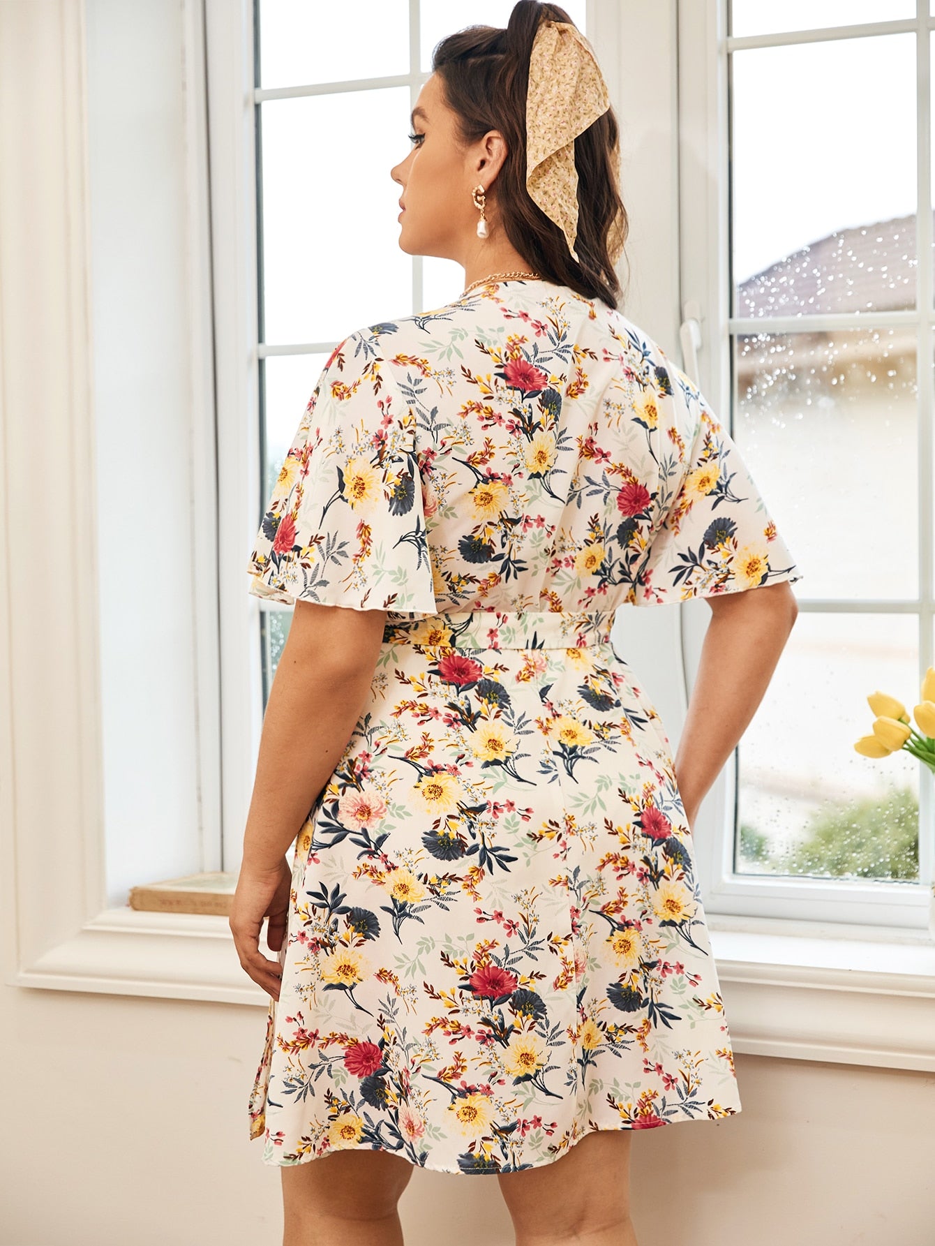 Plus Butterfly Sleeve Wrap Tie Side Floral Dress