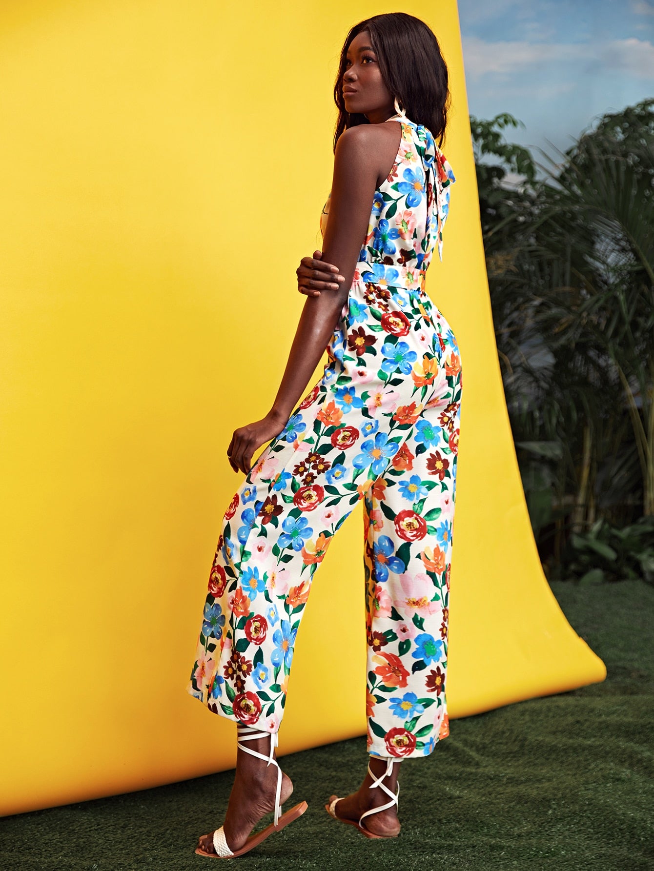 Floral Print Tie Back Belted Jumpsuit