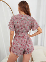 Scarf Print Bell Sleeve Belted Romper