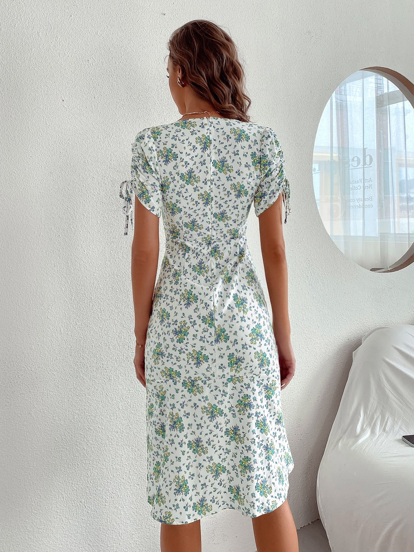 Allover Floral Drawstring Ruched A-line Dress