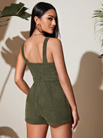 O-ring Zipper Front Belted Cord Romper